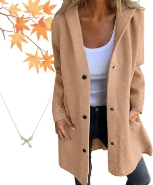 Casual Single Breasted Hooded Jacket for Autumn,Womens Lapel Button Up Trench Coat Fashion Long-Sleeved Jacket