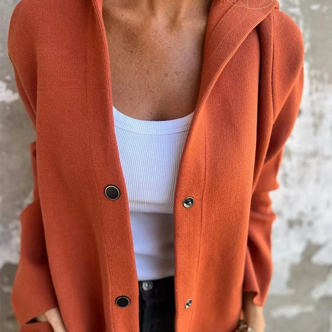 Casual Single Breasted Hooded Jacket for Autumn,Womens Lapel Button Up Trench Coat Fashion Long-Sleeved Jacket