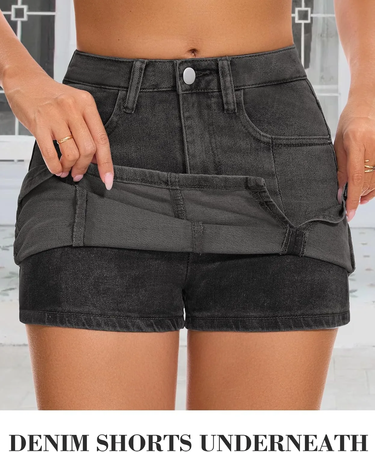 Casual Slit Denim Skort Mini Jean Skirt with Shorts Underneath High Waist Jean Skirt for Women Denim Skirt