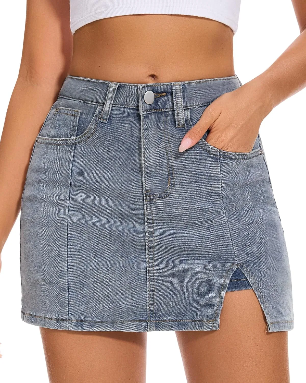 Casual Slit Denim Skort Mini Jean Skirt with Shorts Underneath High Waist Jean Skirt for Women Denim Skirt