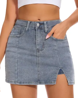 Casual Slit Denim Skort Mini Jean Skirt with Shorts Underneath High Waist Jean Skirt for Women Denim Skirt