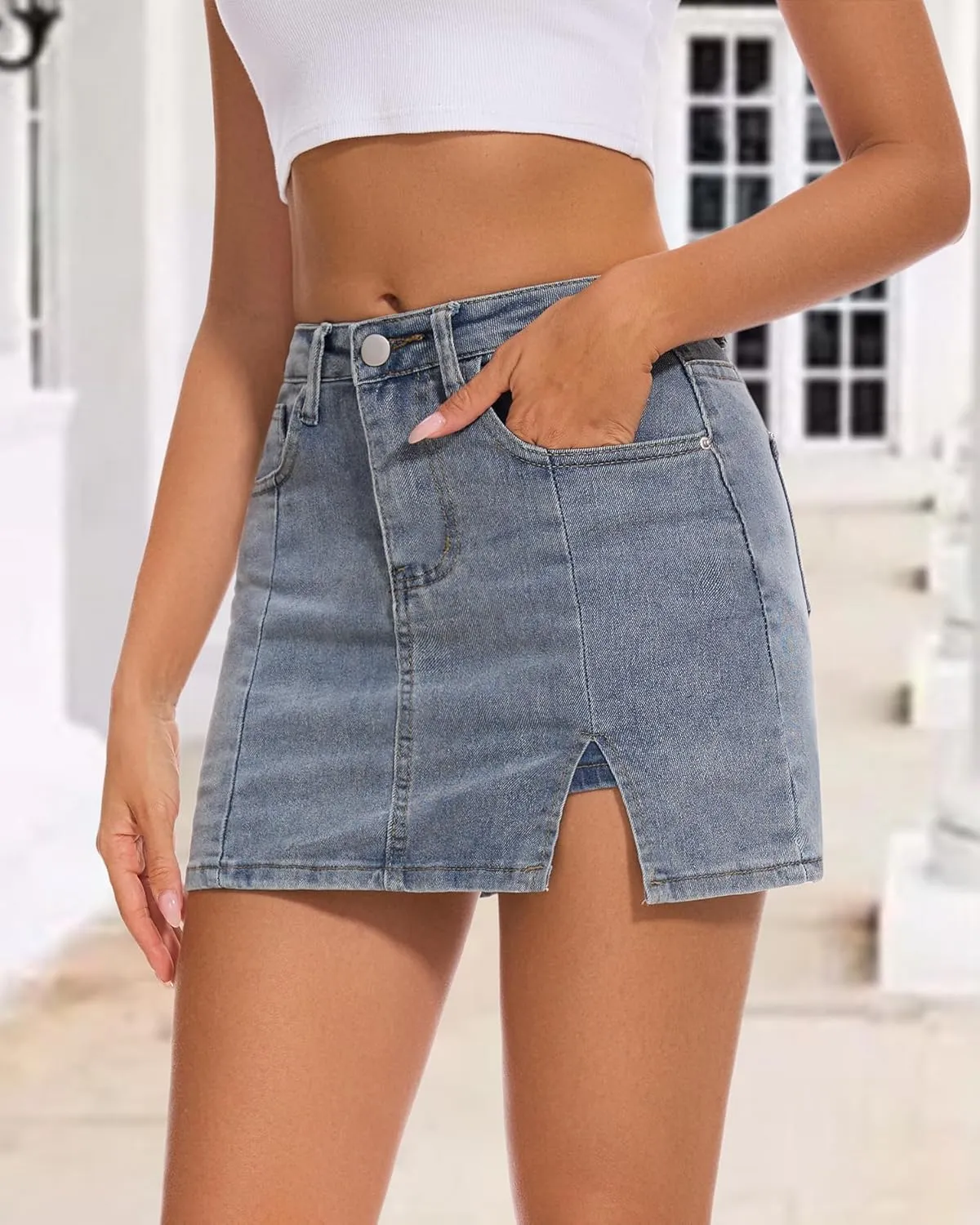 Casual Slit Denim Skort Mini Jean Skirt with Shorts Underneath High Waist Jean Skirt for Women Denim Skirt