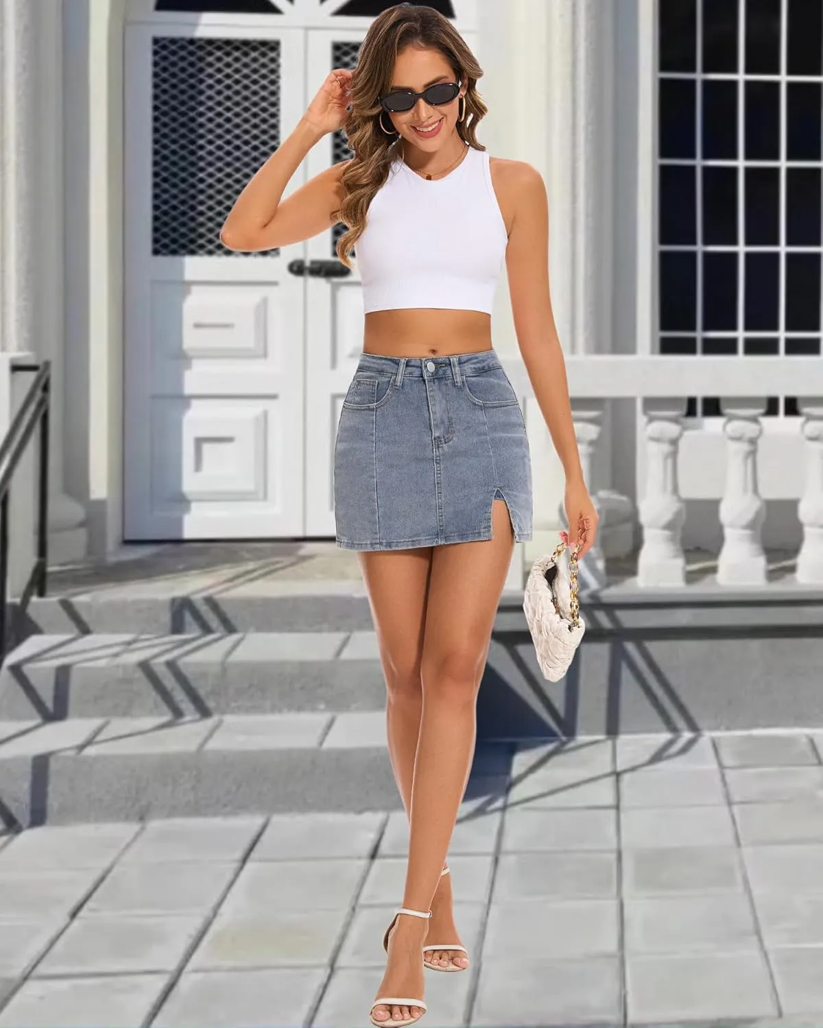 Casual Slit Denim Skort Mini Jean Skirt with Shorts Underneath High Waist Jean Skirt for Women Denim Skirt