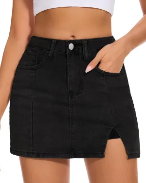 Casual Slit Denim Skort Mini Jean Skirt with Shorts Underneath High Waist Jean Skirt for Women Denim Skirt
