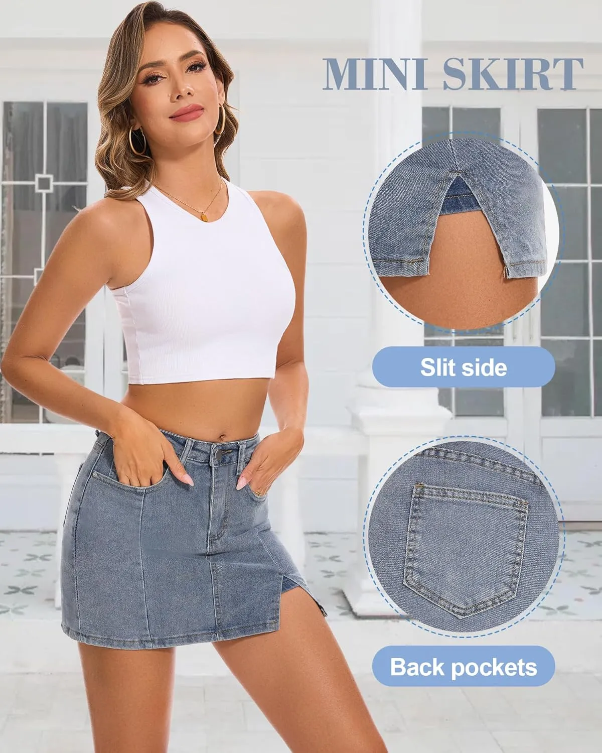Casual Slit Denim Skort Mini Jean Skirt with Shorts Underneath High Waist Jean Skirt for Women Denim Skirt