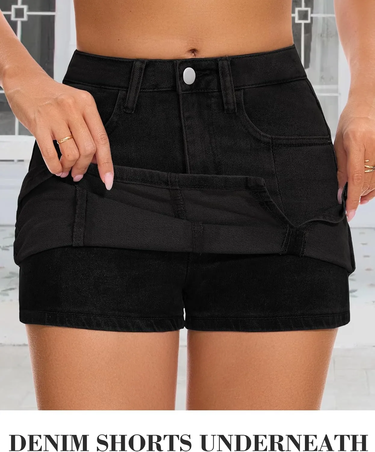 Casual Slit Denim Skort Mini Jean Skirt with Shorts Underneath High Waist Jean Skirt for Women Denim Skirt