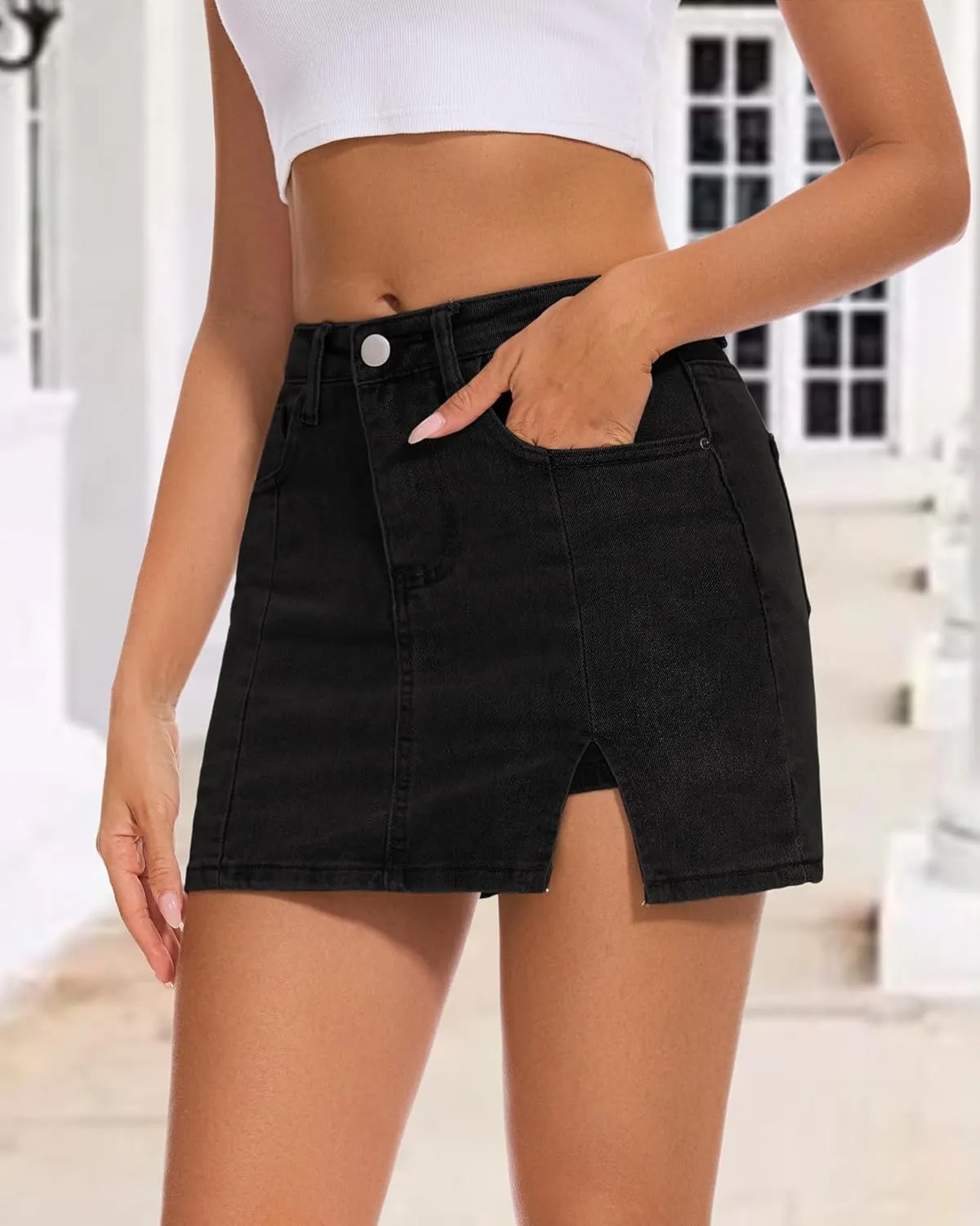 Casual Slit Denim Skort Mini Jean Skirt with Shorts Underneath High Waist Jean Skirt for Women Denim Skirt