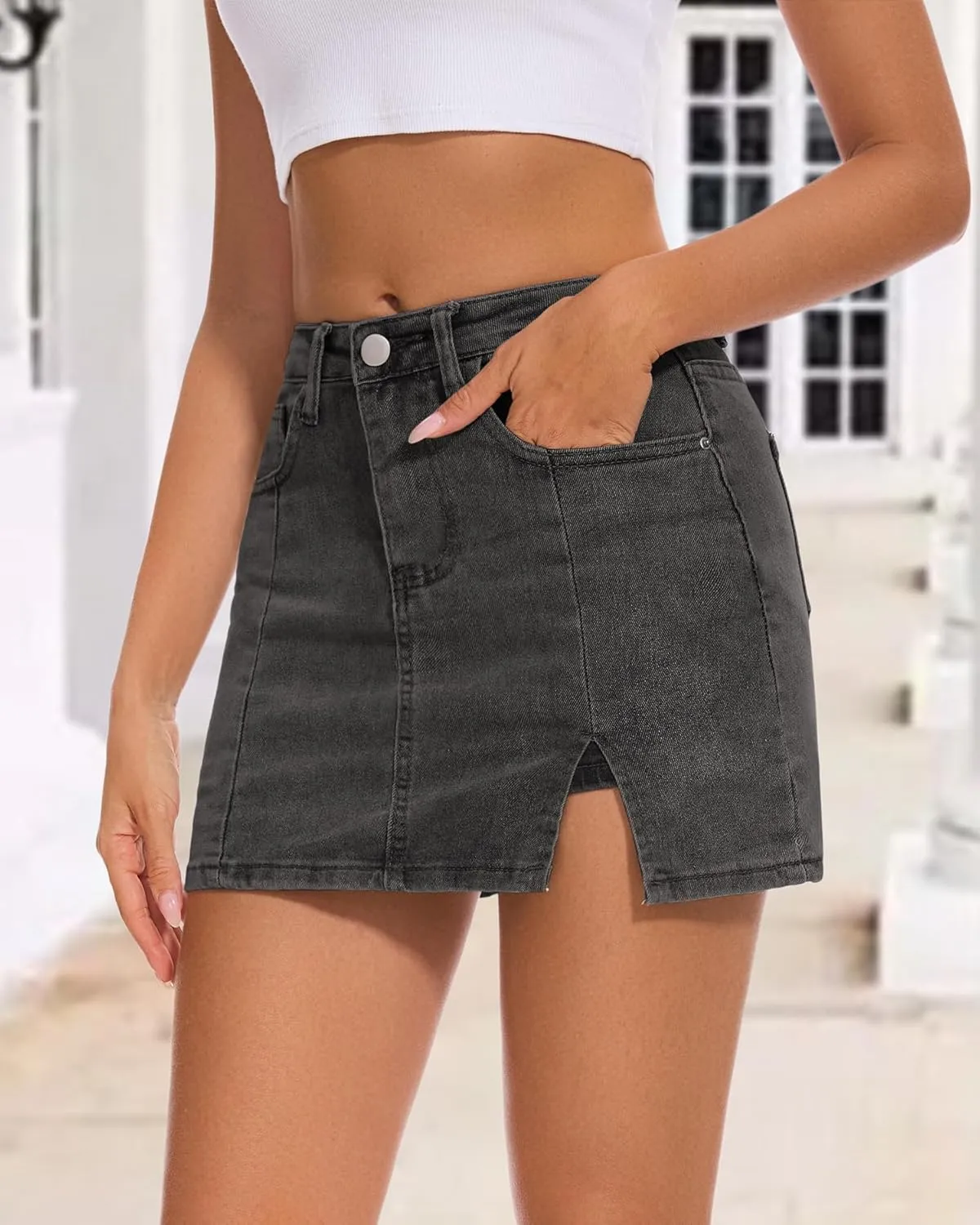 Casual Slit Denim Skort Mini Jean Skirt with Shorts Underneath High Waist Jean Skirt for Women Denim Skirt