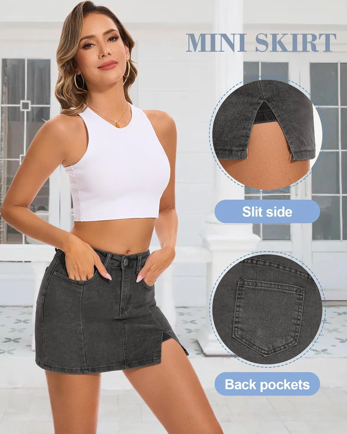 Casual Slit Denim Skort Mini Jean Skirt with Shorts Underneath High Waist Jean Skirt for Women Denim Skirt
