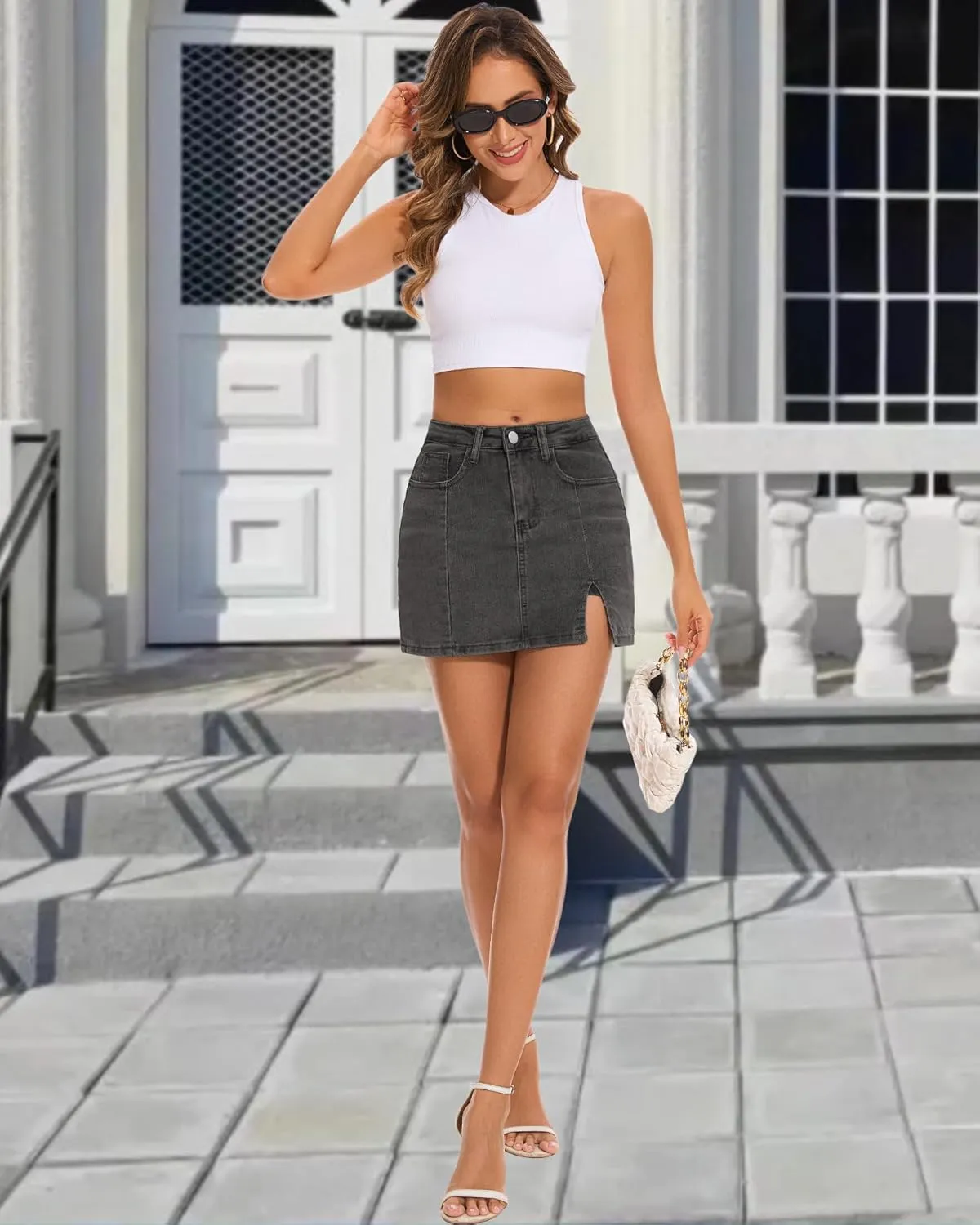 Casual Slit Denim Skort Mini Jean Skirt with Shorts Underneath High Waist Jean Skirt for Women Denim Skirt