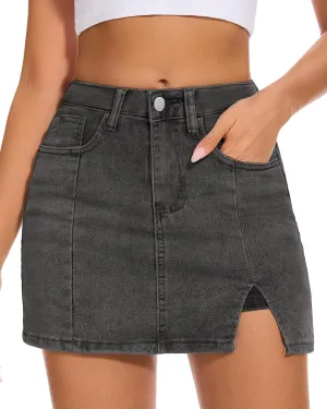 Casual Slit Denim Skort Mini Jean Skirt with Shorts Underneath High Waist Jean Skirt for Women Denim Skirt