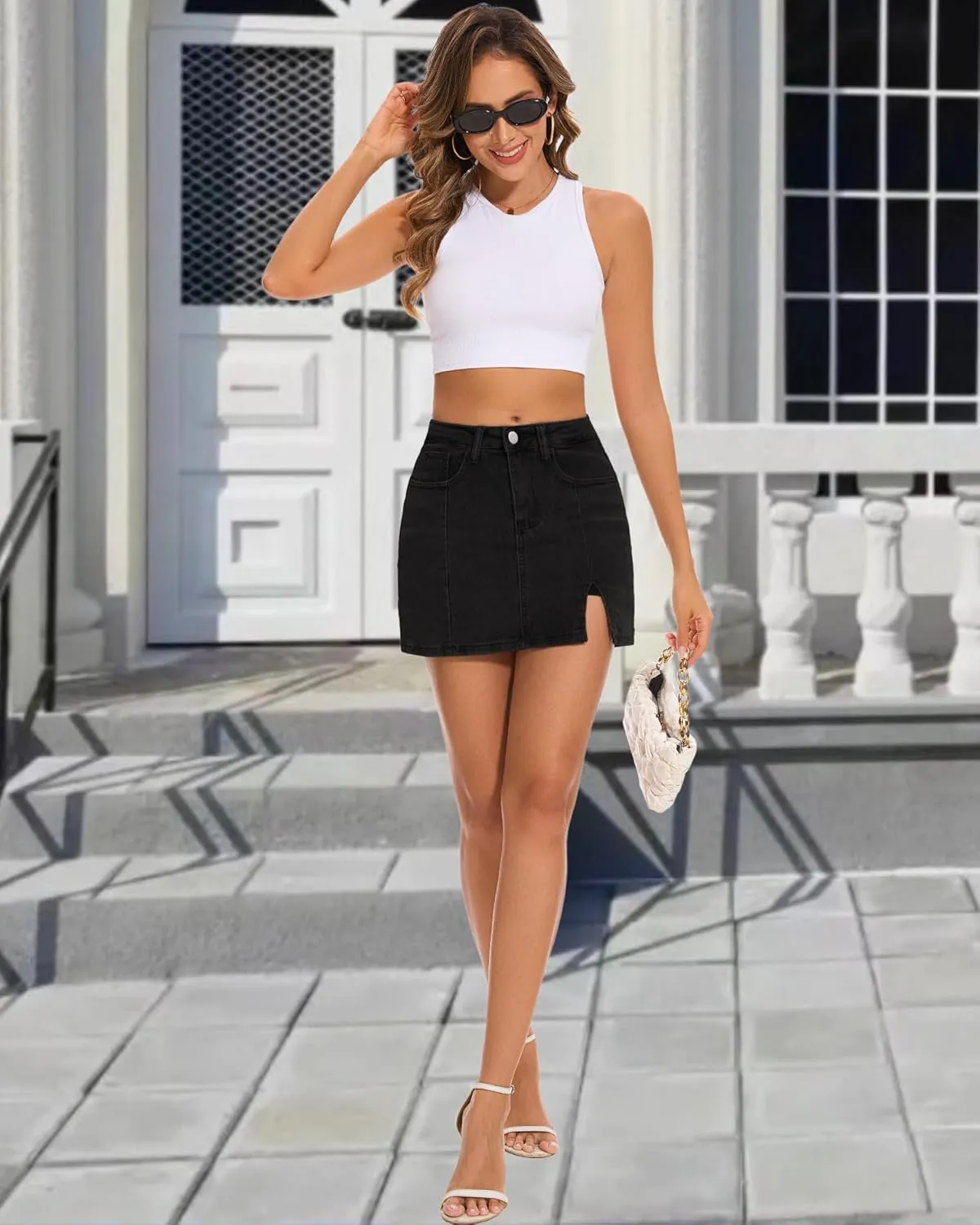 Casual Slit Denim Skort Mini Jean Skirt with Shorts Underneath High Waist Jean Skirt for Women Denim Skirt