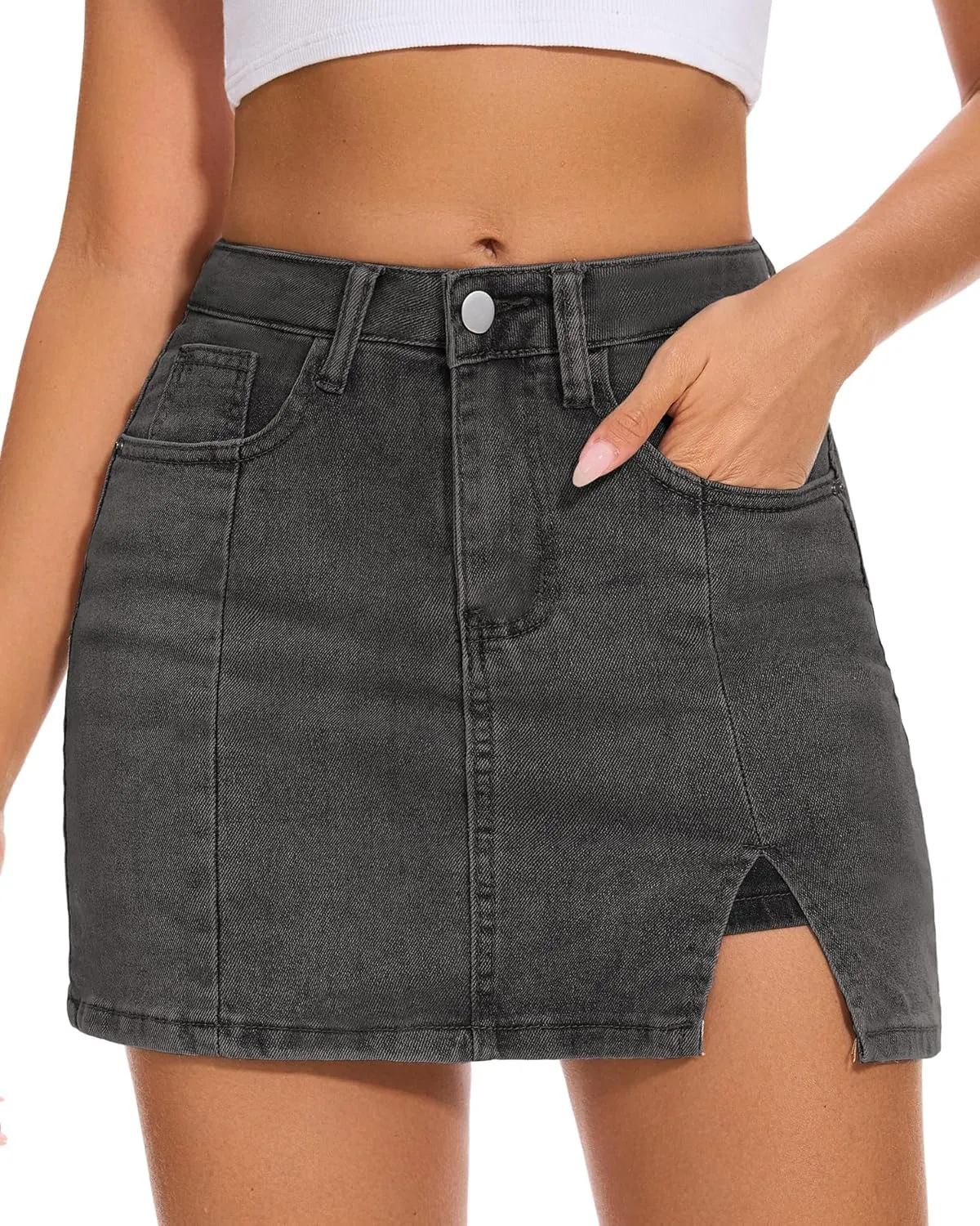 Casual Slit Denim Skort Mini Jean Skirt with Shorts Underneath High Waist Jean Skirt for Women Denim Skirt