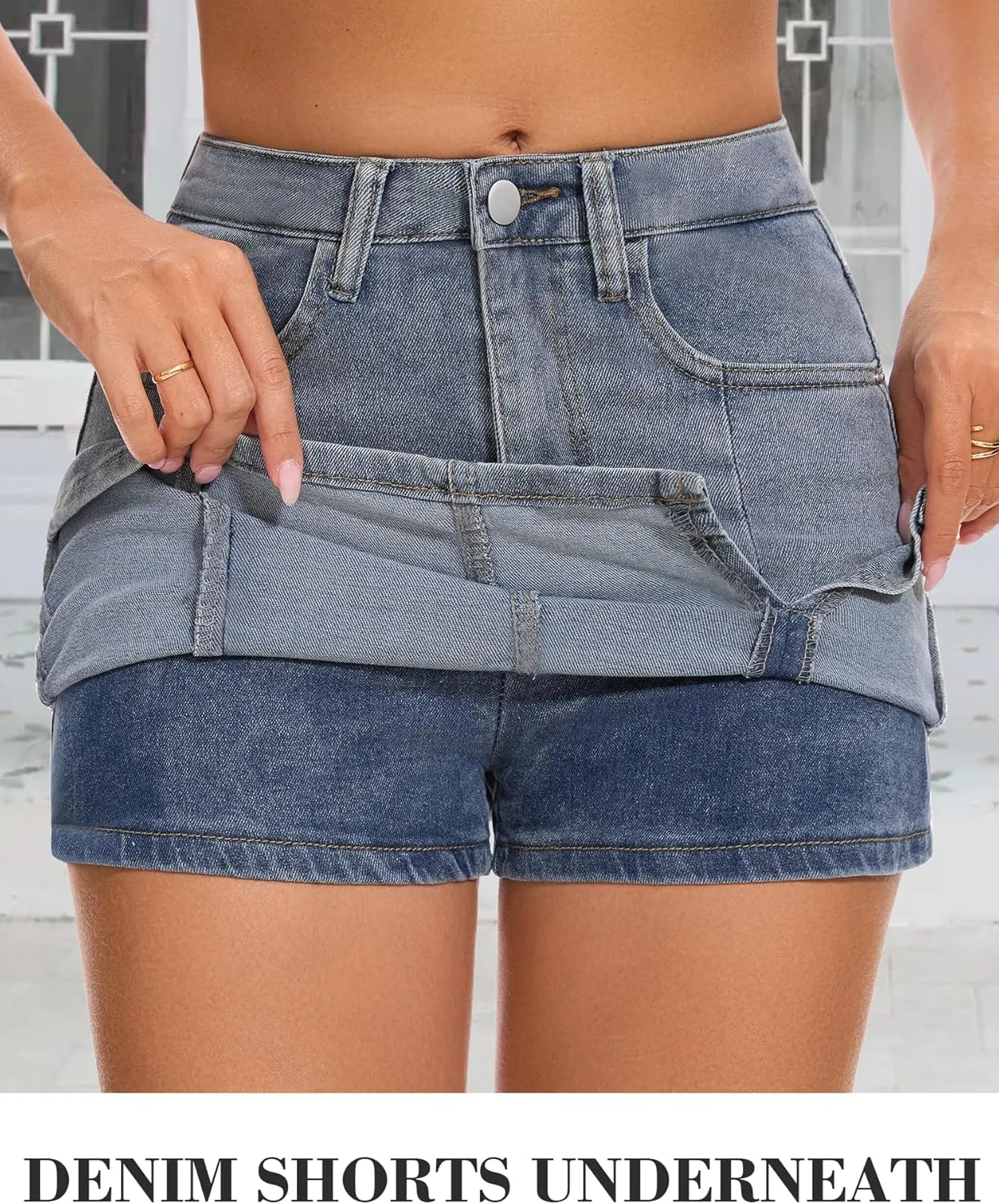 Casual Slit Denim Skort Mini Jean Skirt with Shorts Underneath High Waist Jean Skirt for Women Denim Skirt