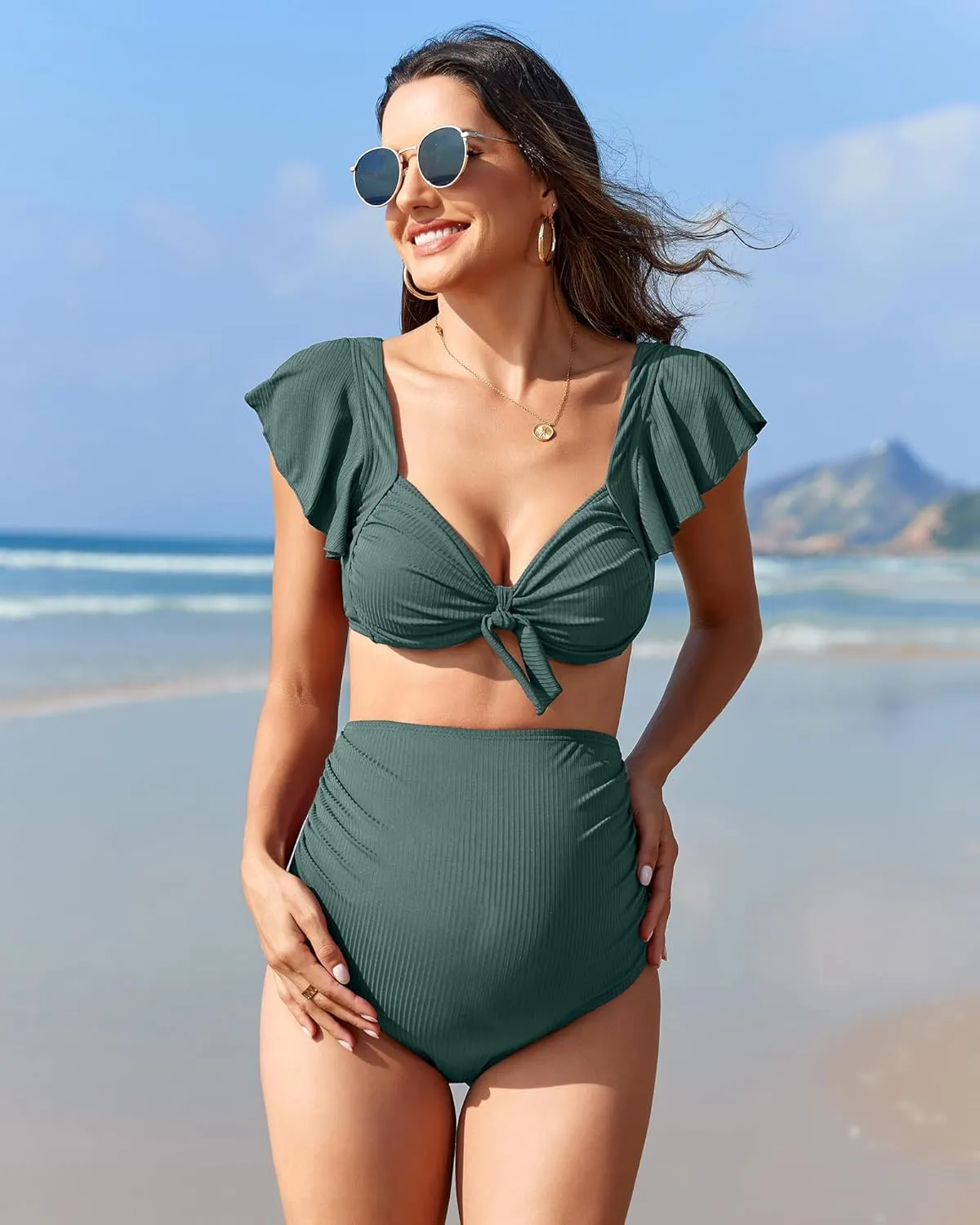 Charmo Maternity Swimsuit Two Piece Ruffle Sleeve Ribbed Ruched Bikini Tie Knot High Waisted Pregnancy Swimwear