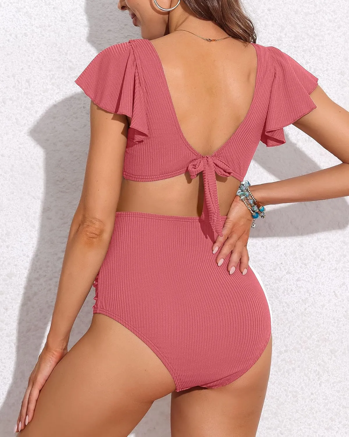Charmo Maternity Swimsuit Two Piece Ruffle Sleeve Ribbed Ruched Bikini Tie Knot High Waisted Pregnancy Swimwear