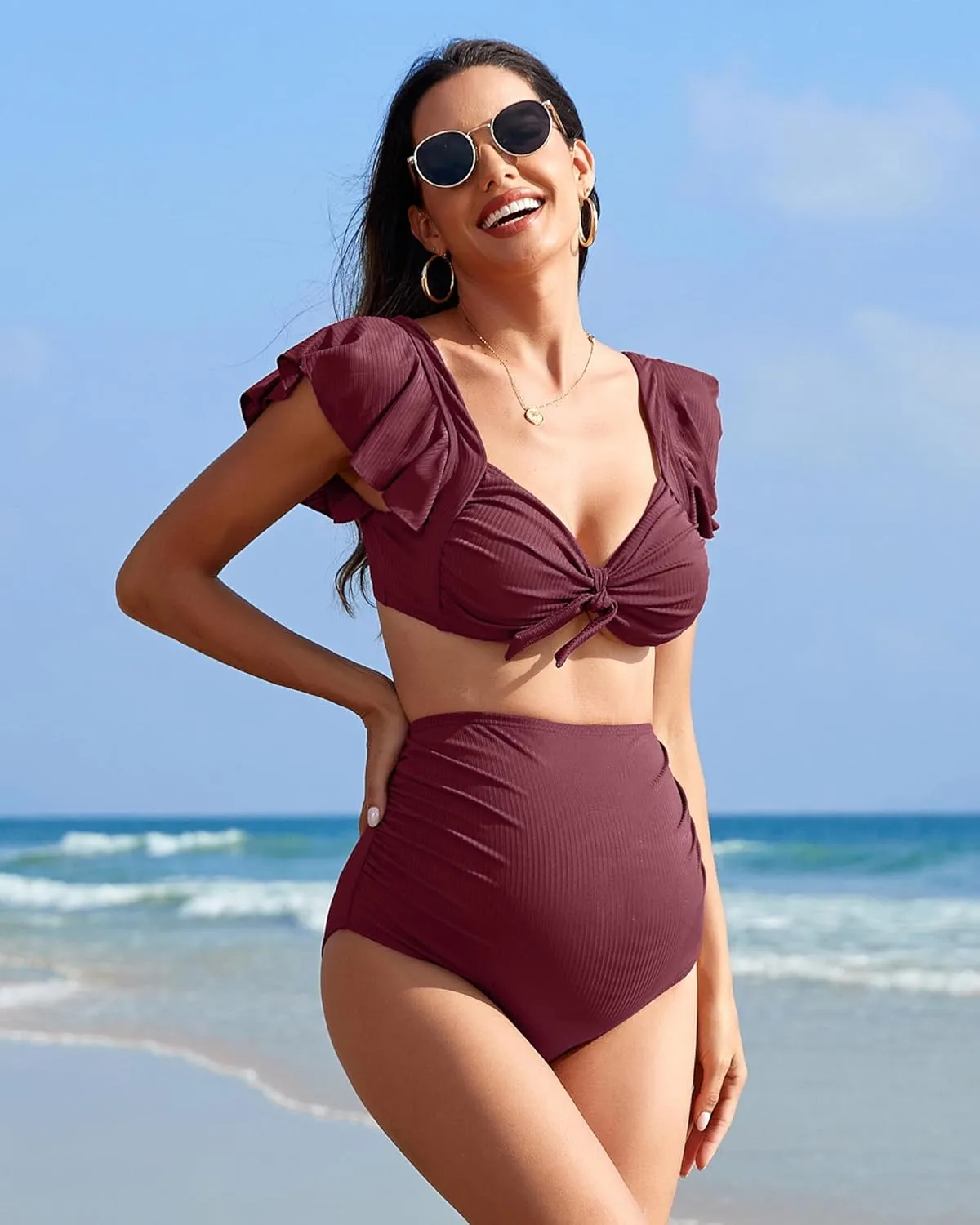 Charmo Maternity Swimsuit Two Piece Ruffle Sleeve Ribbed Ruched Bikini Tie Knot High Waisted Pregnancy Swimwear