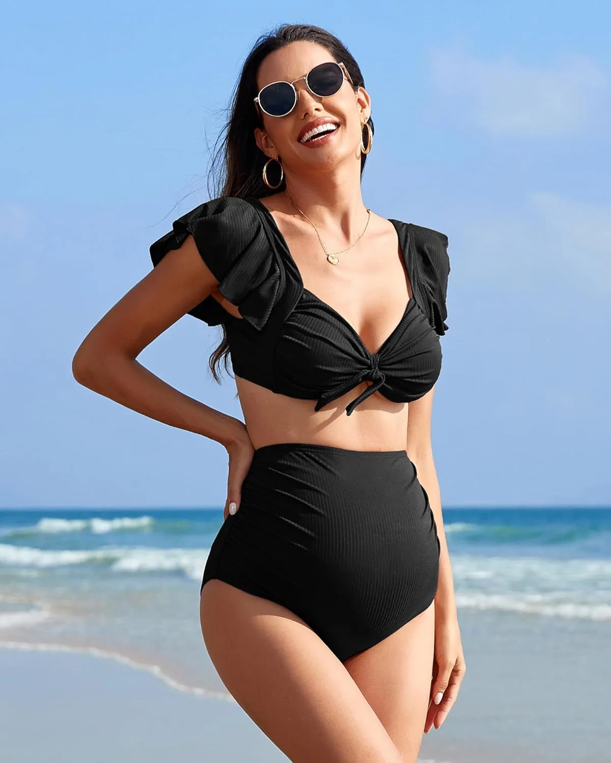 Charmo Maternity Swimsuit Two Piece Ruffle Sleeve Ribbed Ruched Bikini Tie Knot High Waisted Pregnancy Swimwear