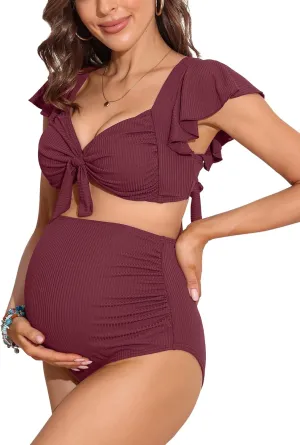Charmo Maternity Swimsuit Two Piece Ruffle Sleeve Ribbed Ruched Bikini Tie Knot High Waisted Pregnancy Swimwear