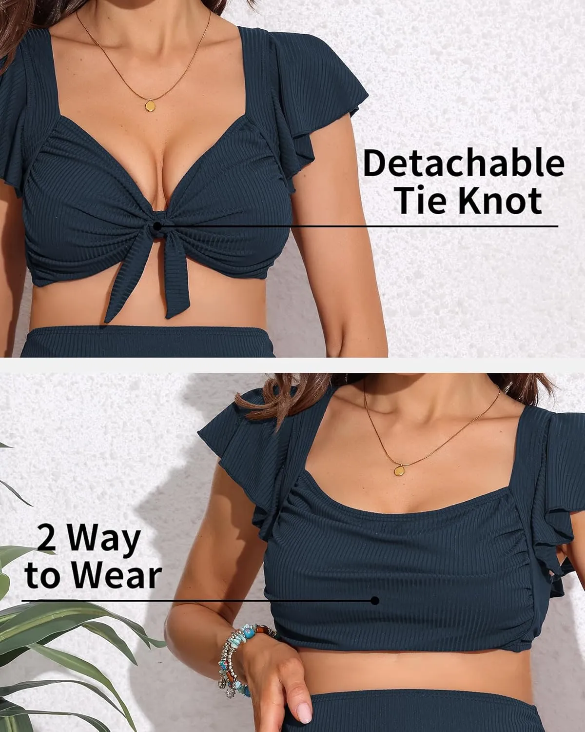 Charmo Maternity Swimsuit Two Piece Ruffle Sleeve Ribbed Ruched Bikini Tie Knot High Waisted Pregnancy Swimwear