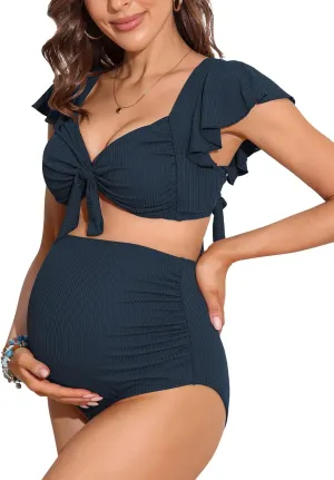 Charmo Maternity Swimsuit Two Piece Ruffle Sleeve Ribbed Ruched Bikini Tie Knot High Waisted Pregnancy Swimwear