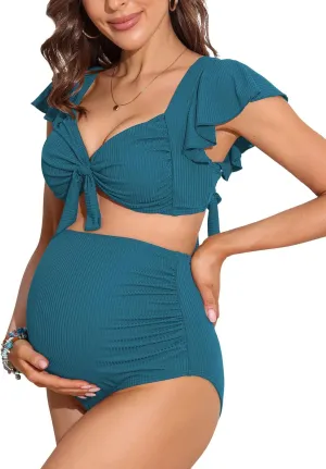 Charmo Maternity Swimsuit Two Piece Ruffle Sleeve Ribbed Ruched Bikini Tie Knot High Waisted Pregnancy Swimwear