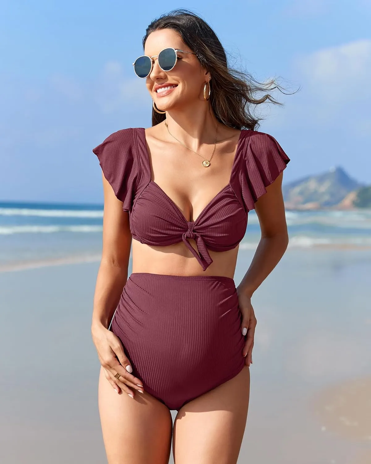Charmo Maternity Swimsuit Two Piece Ruffle Sleeve Ribbed Ruched Bikini Tie Knot High Waisted Pregnancy Swimwear