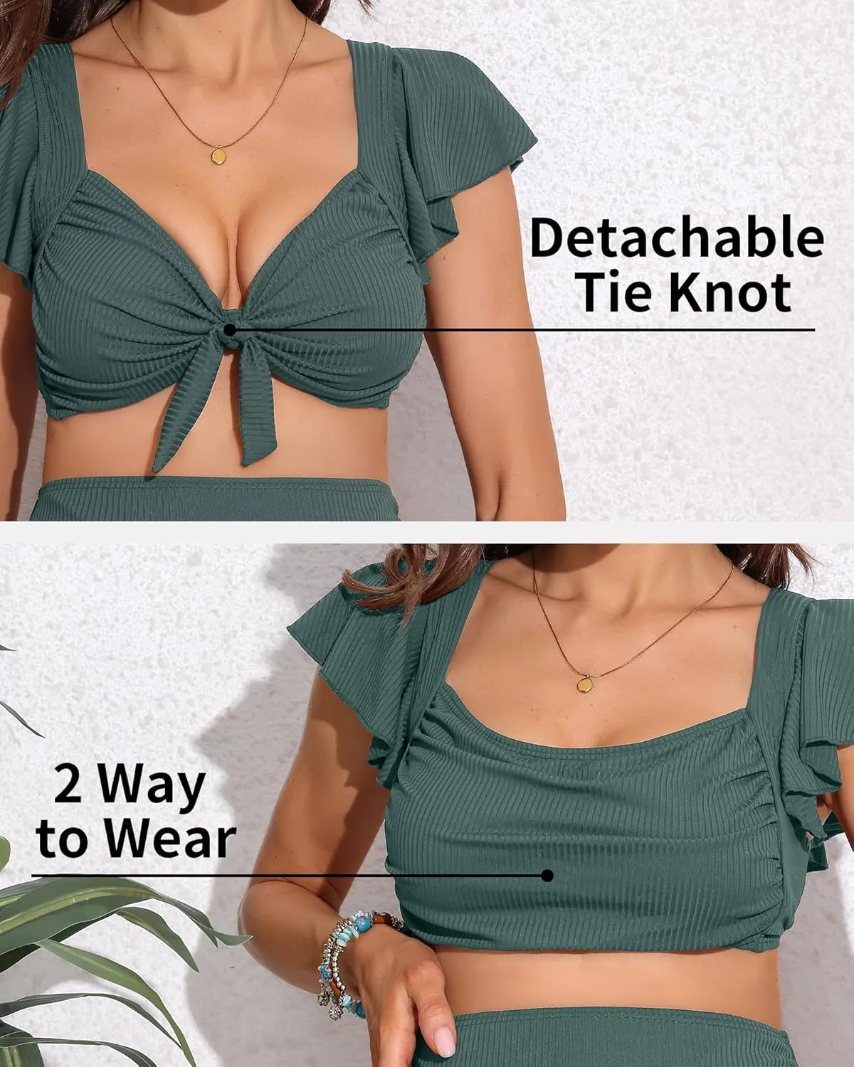 Charmo Maternity Swimsuit Two Piece Ruffle Sleeve Ribbed Ruched Bikini Tie Knot High Waisted Pregnancy Swimwear