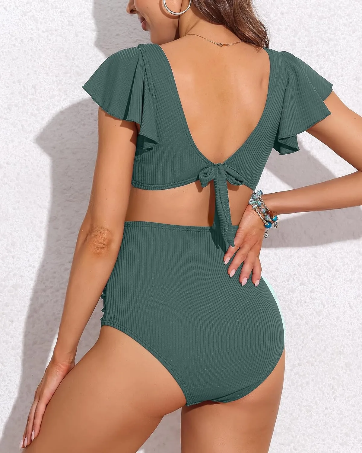 Charmo Maternity Swimsuit Two Piece Ruffle Sleeve Ribbed Ruched Bikini Tie Knot High Waisted Pregnancy Swimwear