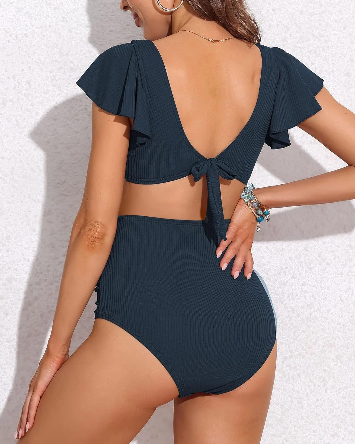 Charmo Maternity Swimsuit Two Piece Ruffle Sleeve Ribbed Ruched Bikini Tie Knot High Waisted Pregnancy Swimwear