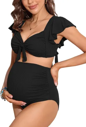 Charmo Maternity Swimsuit Two Piece Ruffle Sleeve Ribbed Ruched Bikini Tie Knot High Waisted Pregnancy Swimwear