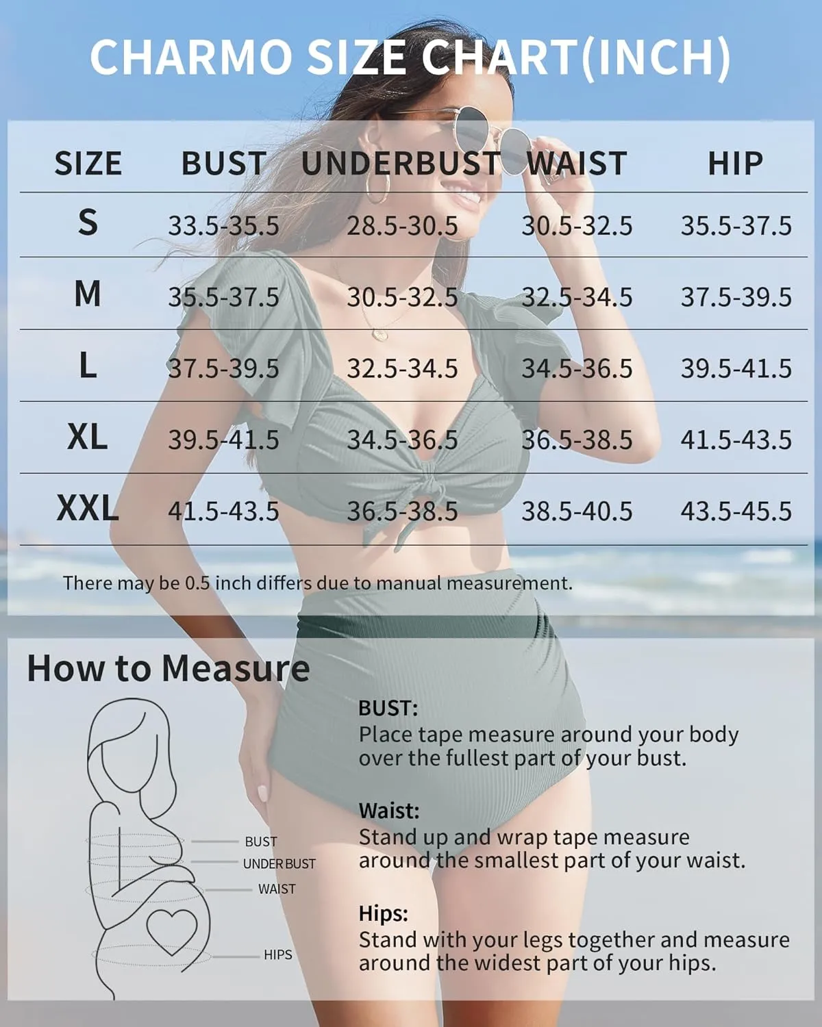 Charmo Maternity Swimsuit Two Piece Ruffle Sleeve Ribbed Ruched Bikini Tie Knot High Waisted Pregnancy Swimwear