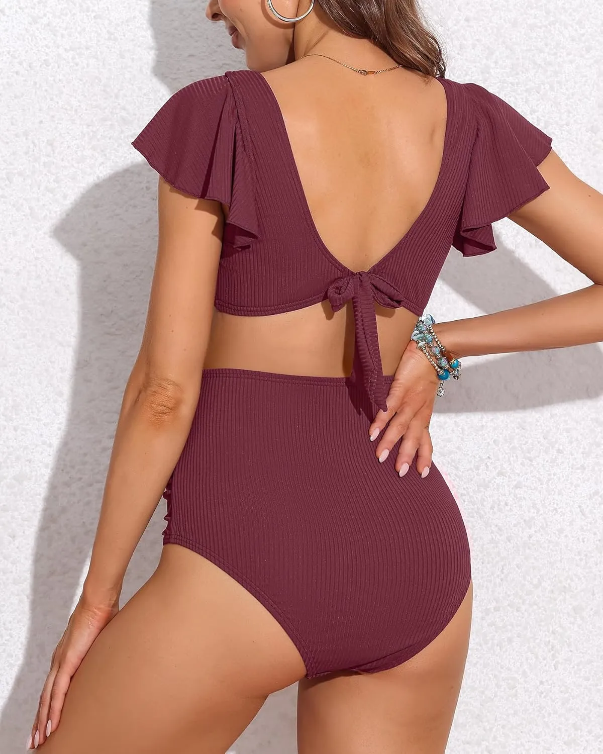 Charmo Maternity Swimsuit Two Piece Ruffle Sleeve Ribbed Ruched Bikini Tie Knot High Waisted Pregnancy Swimwear