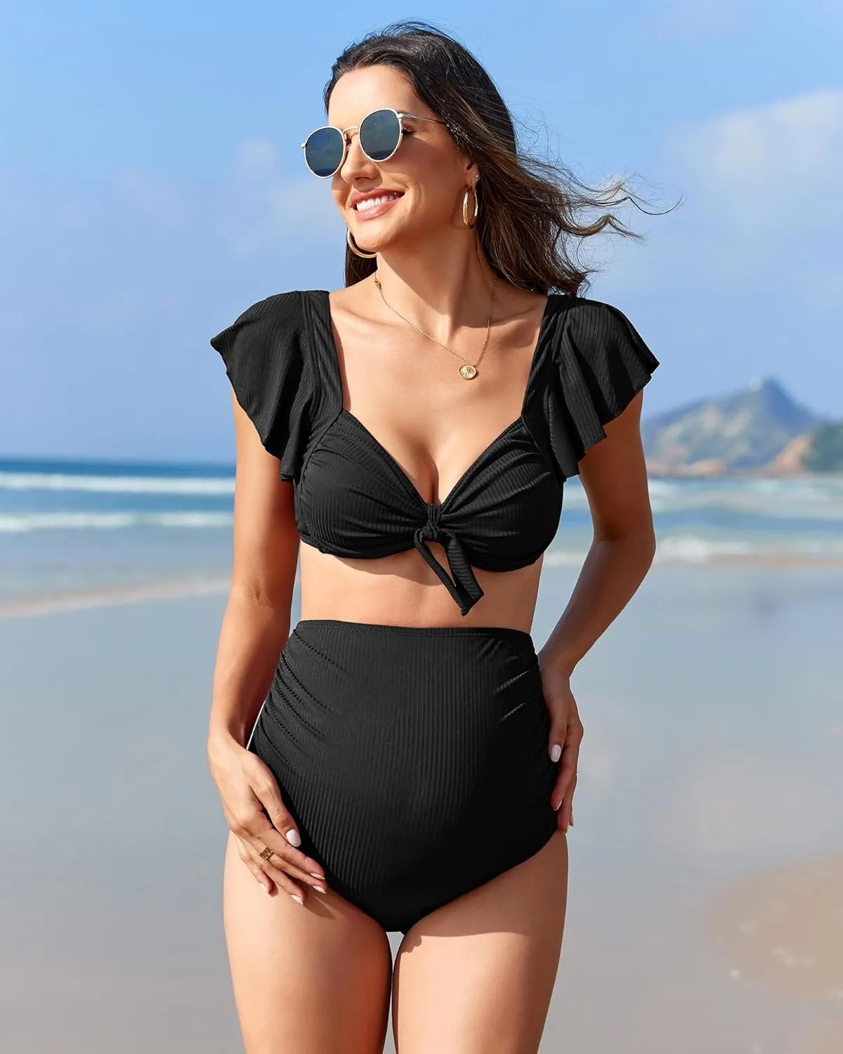 Charmo Maternity Swimsuit Two Piece Ruffle Sleeve Ribbed Ruched Bikini Tie Knot High Waisted Pregnancy Swimwear