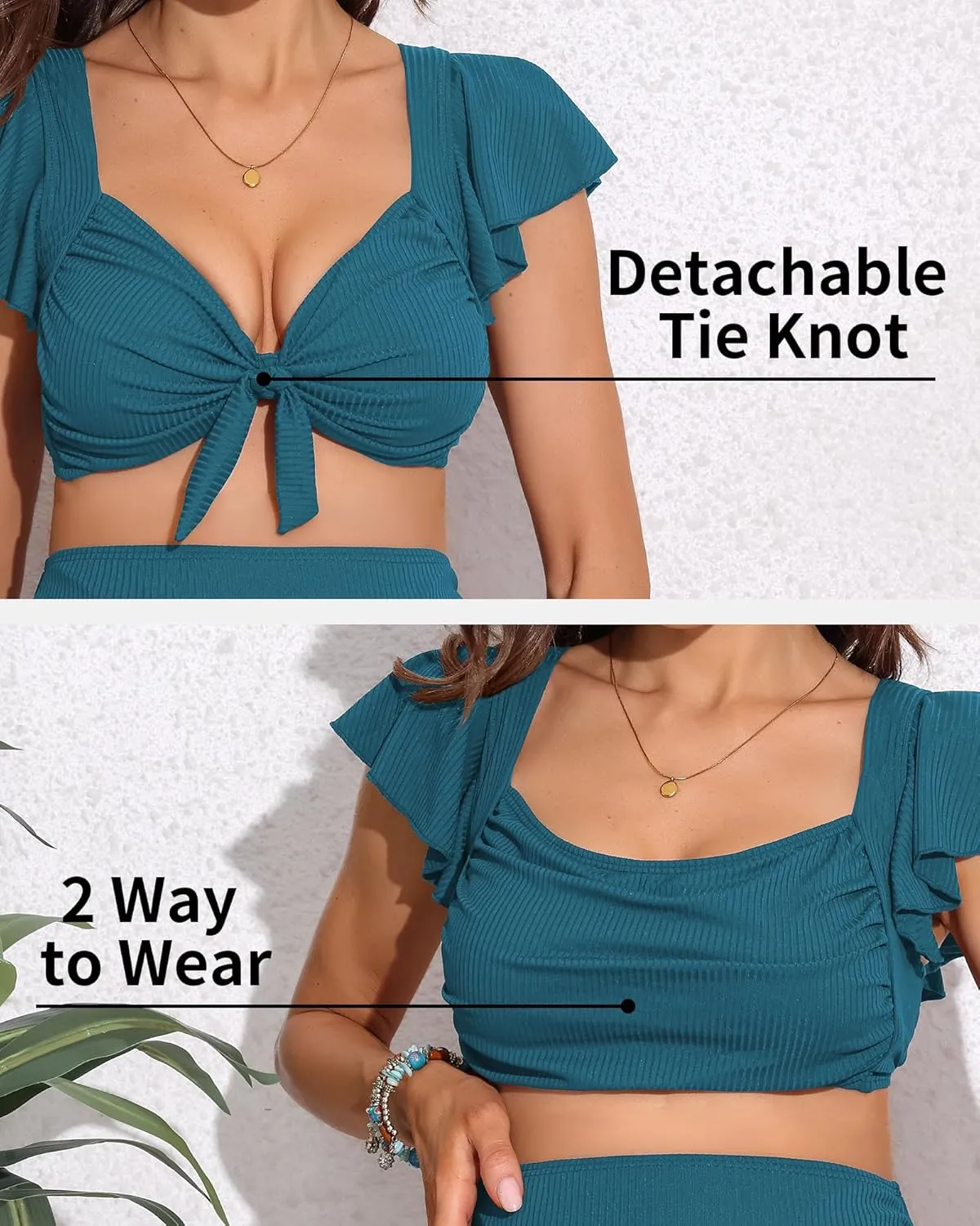 Charmo Maternity Swimsuit Two Piece Ruffle Sleeve Ribbed Ruched Bikini Tie Knot High Waisted Pregnancy Swimwear