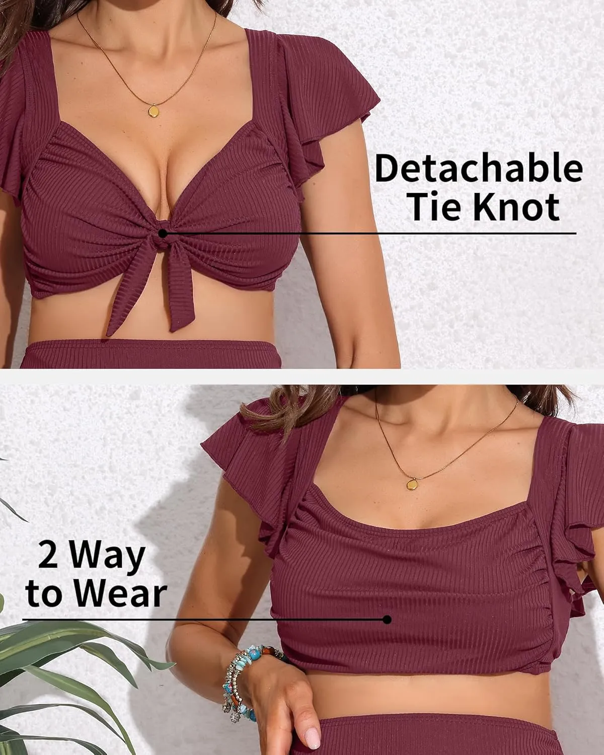 Charmo Maternity Swimsuit Two Piece Ruffle Sleeve Ribbed Ruched Bikini Tie Knot High Waisted Pregnancy Swimwear