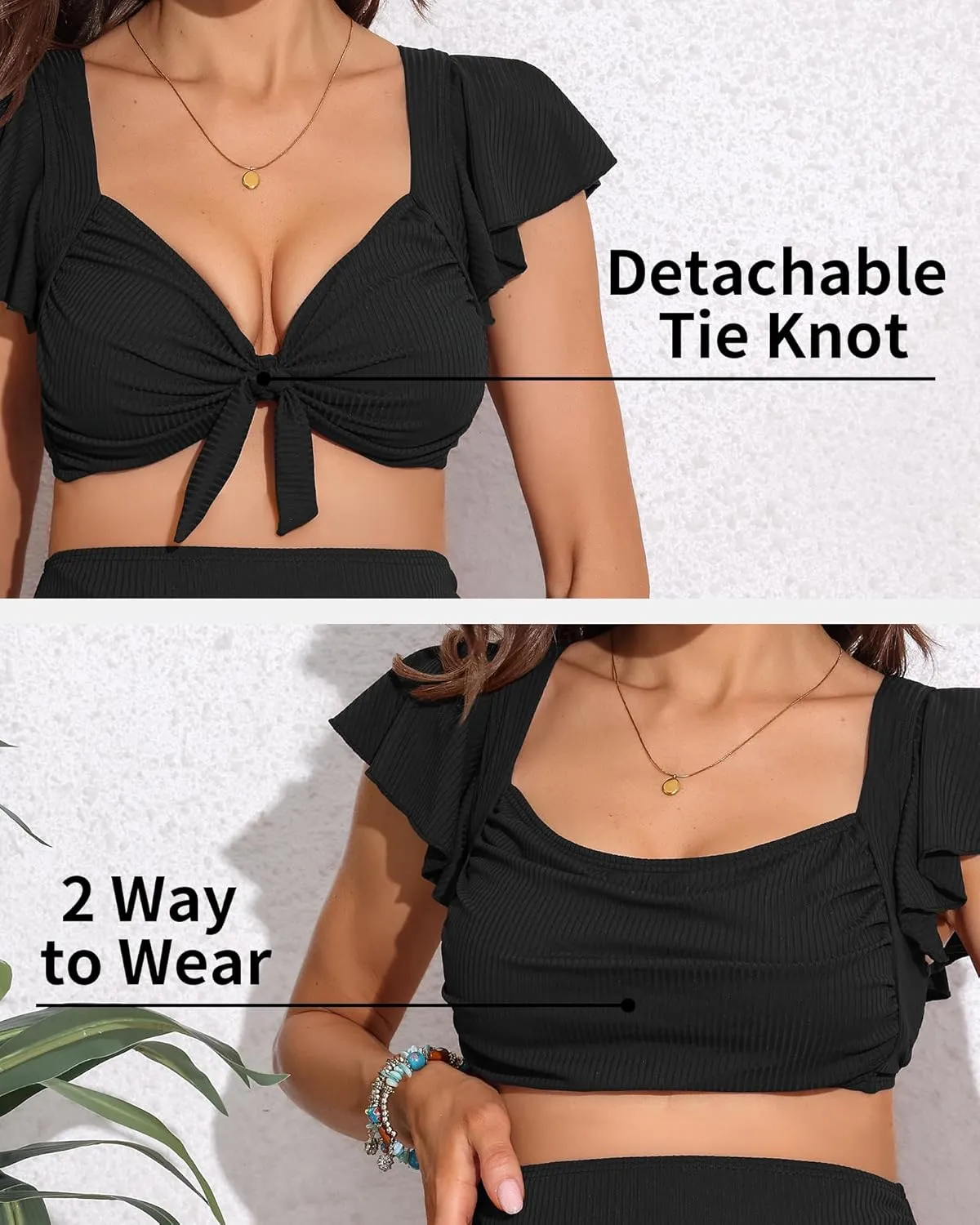 Charmo Maternity Swimsuit Two Piece Ruffle Sleeve Ribbed Ruched Bikini Tie Knot High Waisted Pregnancy Swimwear