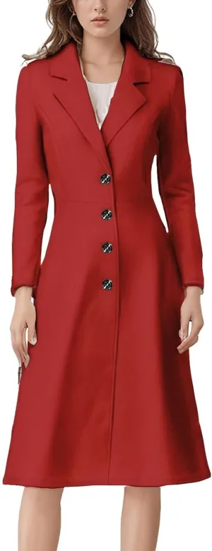 chouyatou Women's Elegant Button Down Winter Wool Coat Fit and Flare Long Dressy Trench Coat