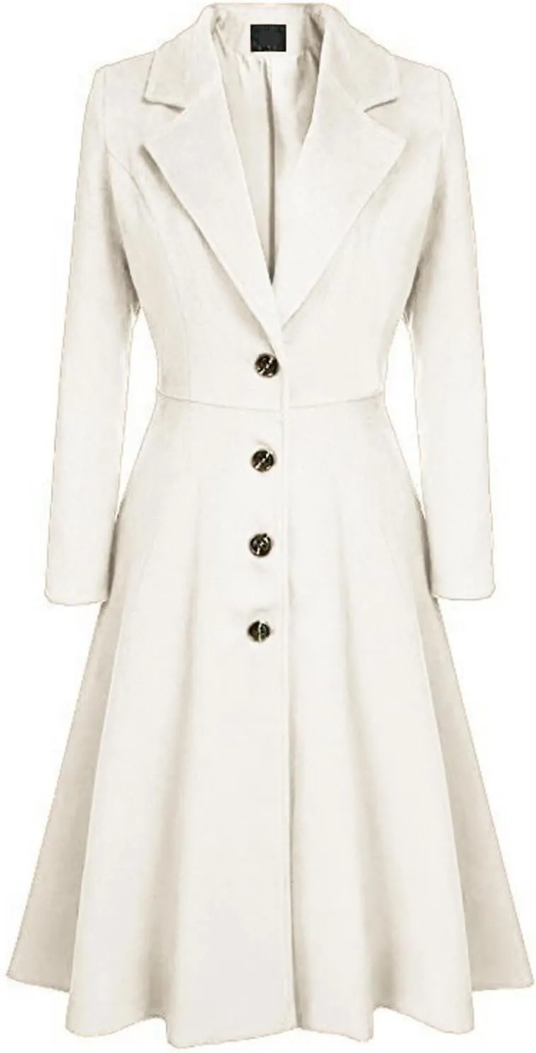 chouyatou Women's Elegant Button Down Winter Wool Coat Fit and Flare Long Dressy Trench Coat
