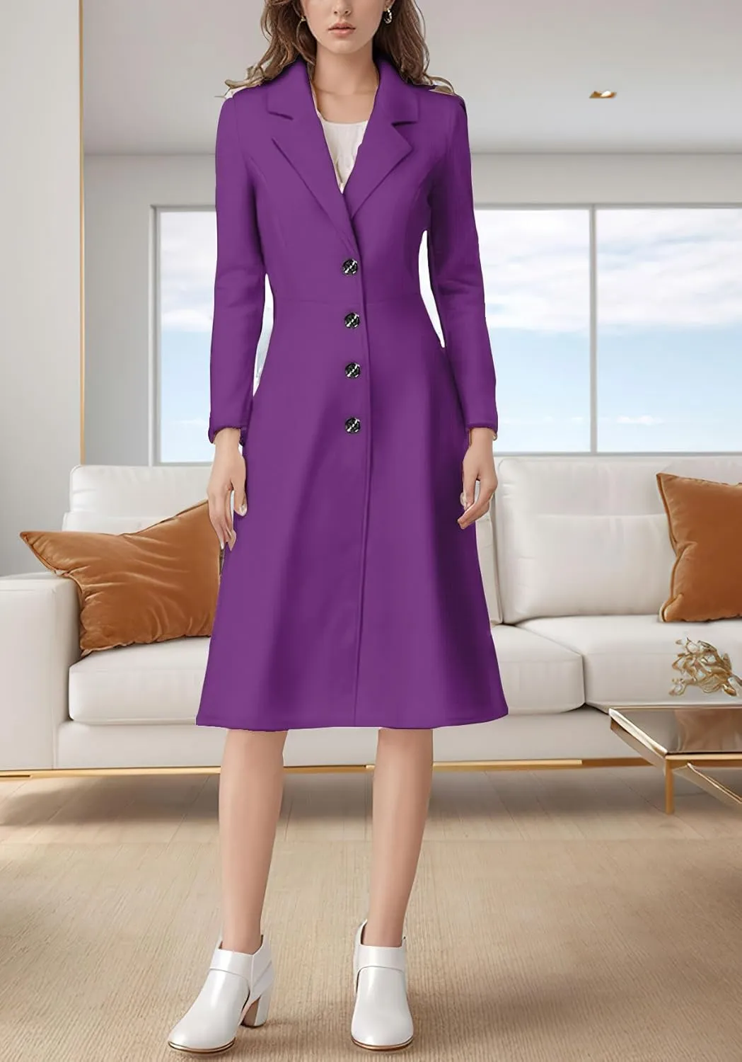 chouyatou Women's Elegant Button Down Winter Wool Coat Fit and Flare Long Dressy Trench Coat
