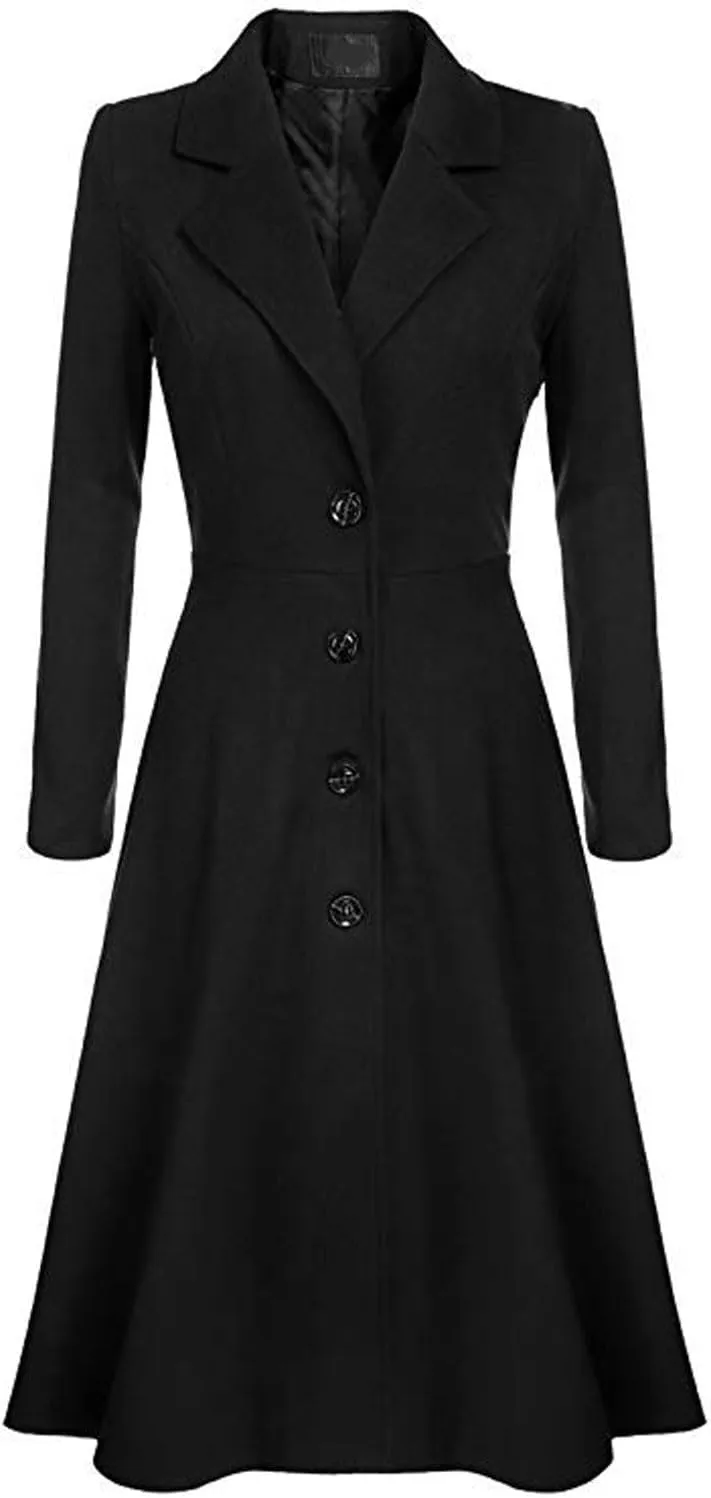 chouyatou Women's Elegant Button Down Winter Wool Coat Fit and Flare Long Dressy Trench Coat