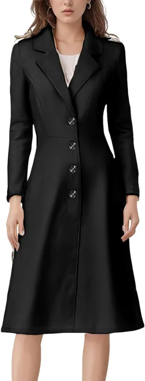 chouyatou Women's Elegant Button Down Winter Wool Coat Fit and Flare Long Dressy Trench Coat