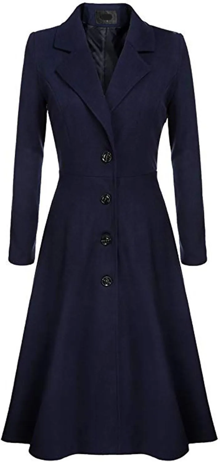 chouyatou Women's Elegant Button Down Winter Wool Coat Fit and Flare Long Dressy Trench Coat