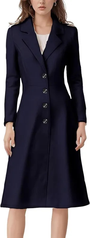 chouyatou Women's Elegant Button Down Winter Wool Coat Fit and Flare Long Dressy Trench Coat