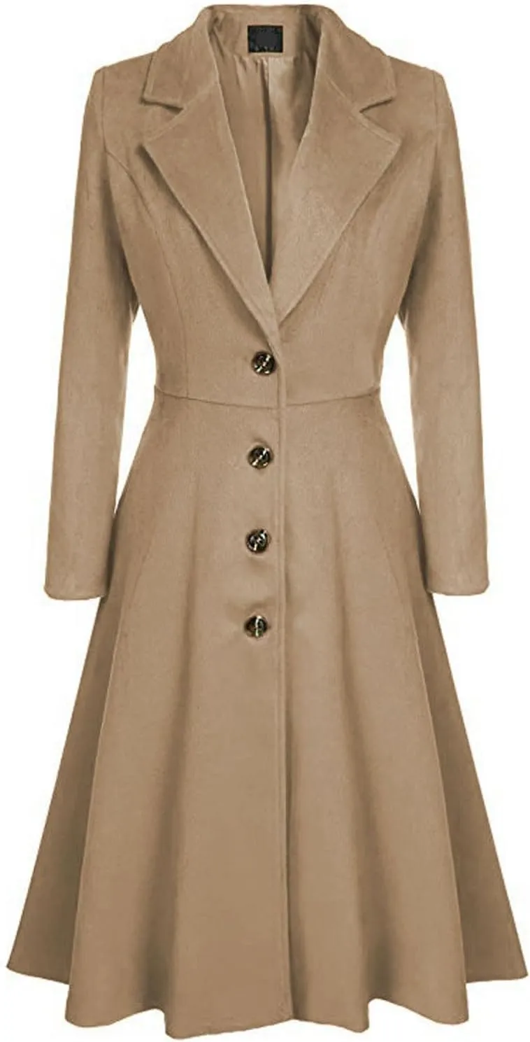 chouyatou Women's Elegant Button Down Winter Wool Coat Fit and Flare Long Dressy Trench Coat
