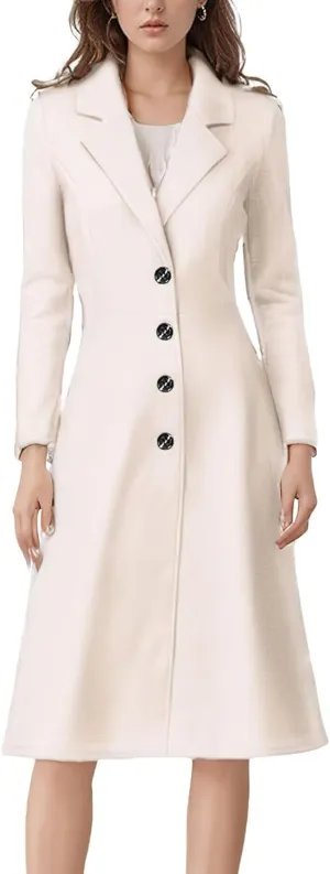 chouyatou Women's Elegant Button Down Winter Wool Coat Fit and Flare Long Dressy Trench Coat