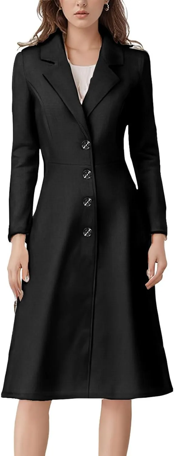chouyatou Women's Elegant Button Down Winter Wool Coat Fit and Flare Long Dressy Trench Coat