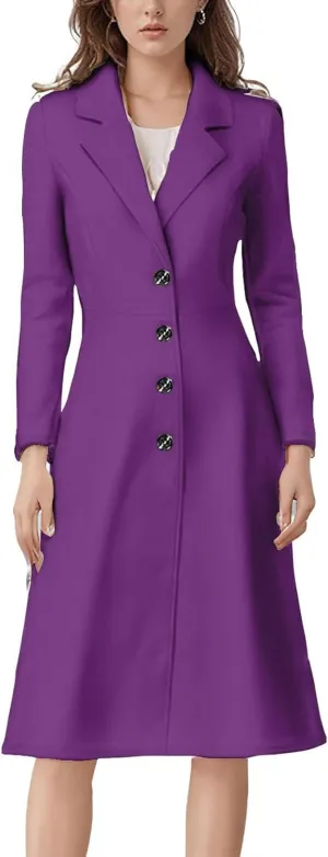 chouyatou Women's Elegant Button Down Winter Wool Coat Fit and Flare Long Dressy Trench Coat
