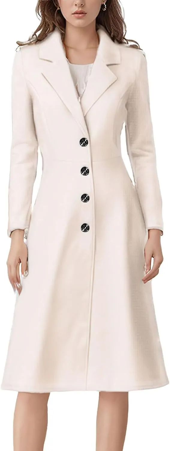 chouyatou Women's Elegant Button Down Winter Wool Coat Fit and Flare Long Dressy Trench Coat