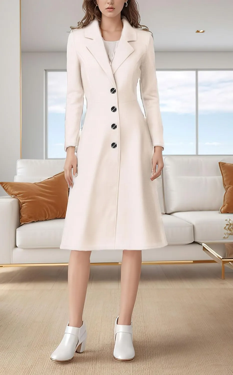 chouyatou Women's Elegant Button Down Winter Wool Coat Fit and Flare Long Dressy Trench Coat